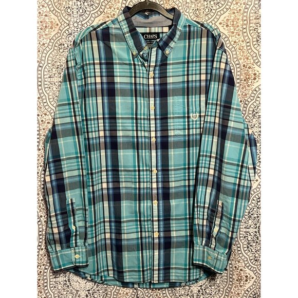 Chaps Easy Care Plaid Button Down Shirt In Teal & Navy L - Picture 1 of 8